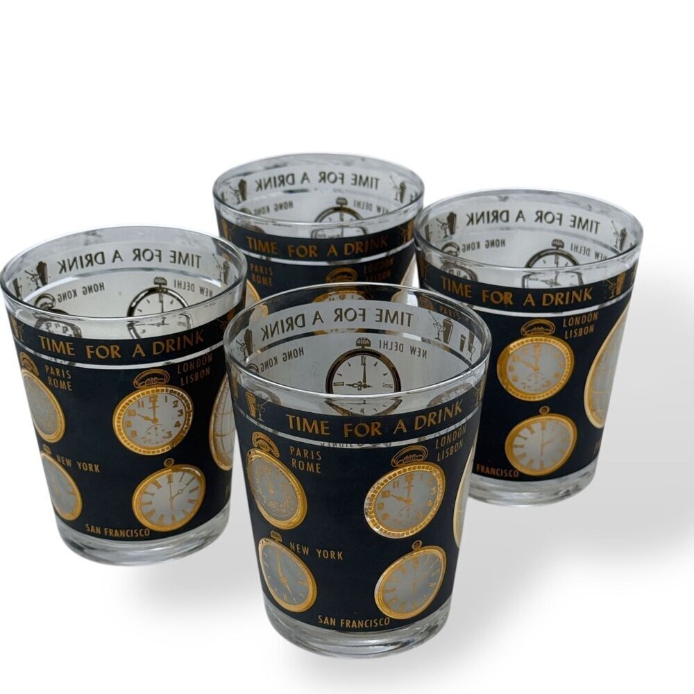 Set of 4 Mid-Century Modern "Time For A Drink" Double Old Fashioned Glasses Gold